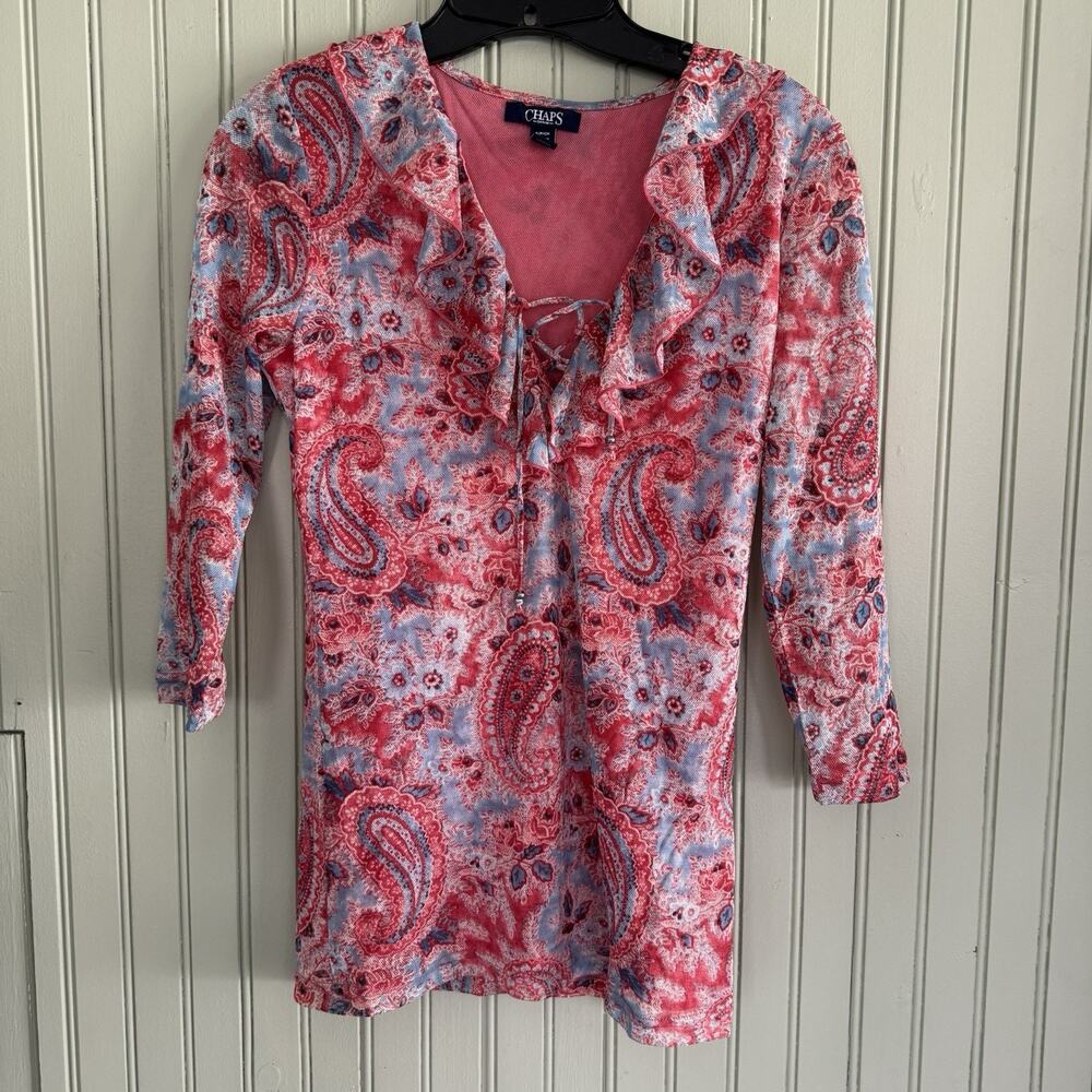 Y2K Chaps Womens Blouse Mesh 3/4 Sleeve Lined Paisley V-Neck Small Ruffle Boho